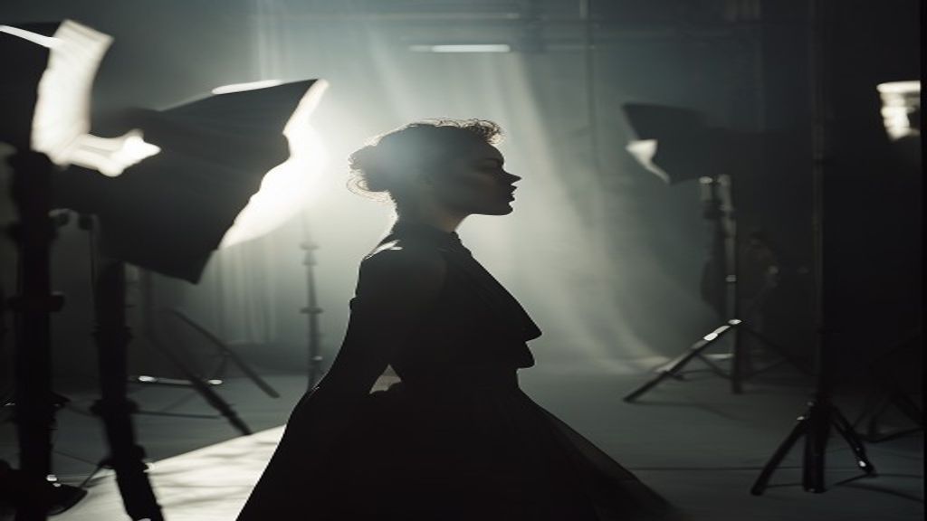 Backstage of an editorial photoshoot — softbox lights and silhouettes